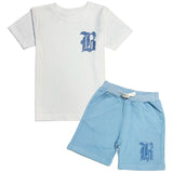 Kids Black Label Light Blue Bling Crew Neck T-Shirt and Cotton Shorts Set