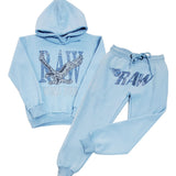 Kids RAW World Tour Light Blue Bling Hoodie and RAW Wing Light Blue Bling Jogger Set