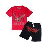 Kids RAW World Tour Red Bling Crew Neck T-Shirt and RAW Wing Red Bling Cotton Shorts Set