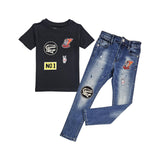 Kids Burning Rubber Embroidery T-Shirt and Denim Jeans Set