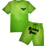 Men Broken Soul Black Chenille T-Shirt and Cotton Shorts Set