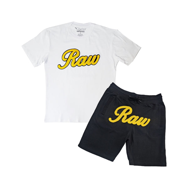 Men RAW Cursive Yellow Chenille T-Shirts and Cotton Shorts Set - Rawyalty Clothing
