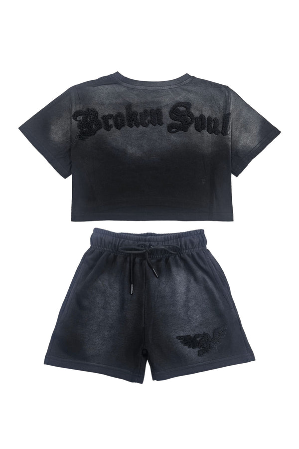 Women Broken Soul Black Chenille Cropped T-Shirts and Cotton Shorts Set