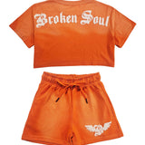 Women Broken Soul Cream Chenille Cropped T-Shirts and Cotton Shorts Set