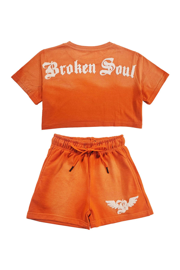 Women Broken Soul Cream Chenille Cropped T-Shirts and Cotton Shorts Set