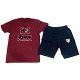 Post Human Chenille Crew Neck and Cotton Shorts Set - Maroon Tees / Navy Shorts - Rawyalty Clothing