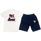 Post Human Chenille Crew Neck and Cotton Shorts Set - White Tees / Navy Shorts - Rawyalty Clothing