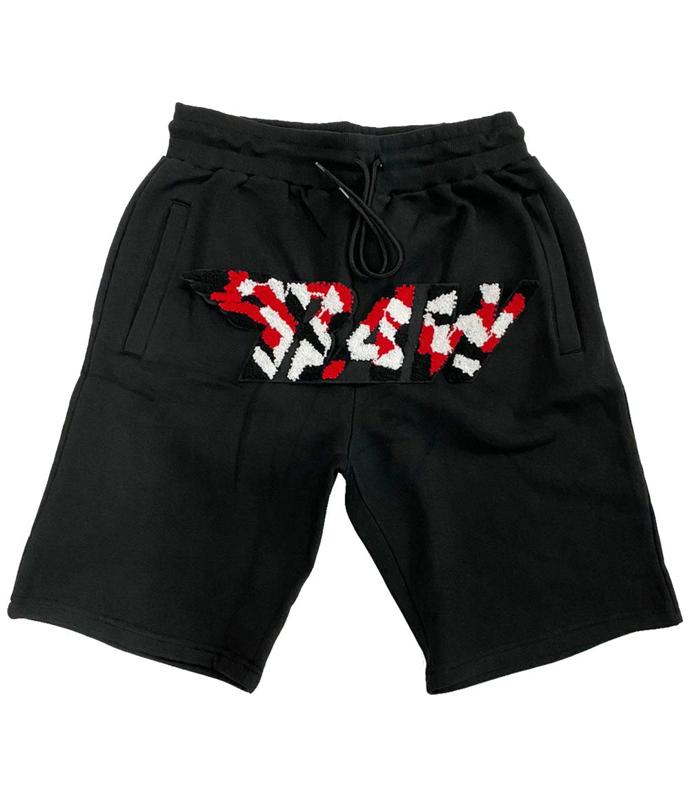 Men RAW Camo Red Chenille Cotton Shorts - Black - Rawyalty Clothing