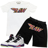 Men RAW Bel Air Chenille Crew Neck and Cotton Shorts Set - White Tees / Black Shorts - Rawyalty Clothing