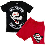 Men Survive Chenille Crew Neck and Cotton Shorts Set - Black Tees / Red Shorts - Rawyalty Clothing