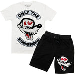 Men Survive Chenille Crew Neck and Cotton Shorts Set - White Tees / Black Shorts - Rawyalty Clothing