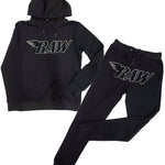Men RAW Black Chenille Hoodie and Jogger Set - Black Hoodie / Black Jogger - Rawyalty Clothing