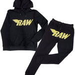 Men RAW Bright Yellow Chenille Hoodie and Jogger Set - Black Hoodie / Black Jogger - Rawyalty Clothing