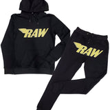 Men RAW Bright Yellow Chenille Hoodie and Jogger Set - Black Hoodie / Black Jogger - Rawyalty Clothing