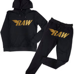 Men RAW Wing Gold Velvet Hoodie and Jogger Set - Black Hoodie / Black Jogger - Rawyalty Clothing