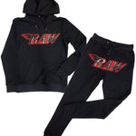 Men RAW PU Red Hoodie and Jogger Set - Black Hoodie / Black Jogger - Rawyalty Clothing