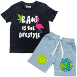 Kids RAW Way Puff Print Crew Neck and Cotton Shorts Set - Black Tees / Sky Shorts - Rawyalty Clothing