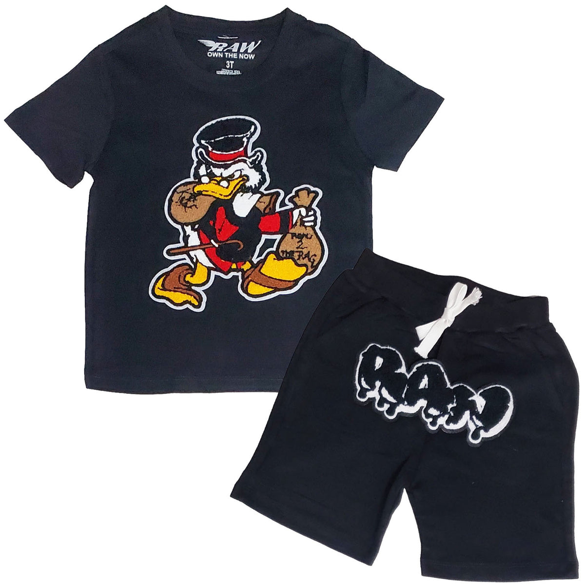 Kids Secure The Bag Chenille Crew Neck and RAW Drip Black Chenille Cotton Shorts Set - Rawyalty Clothing