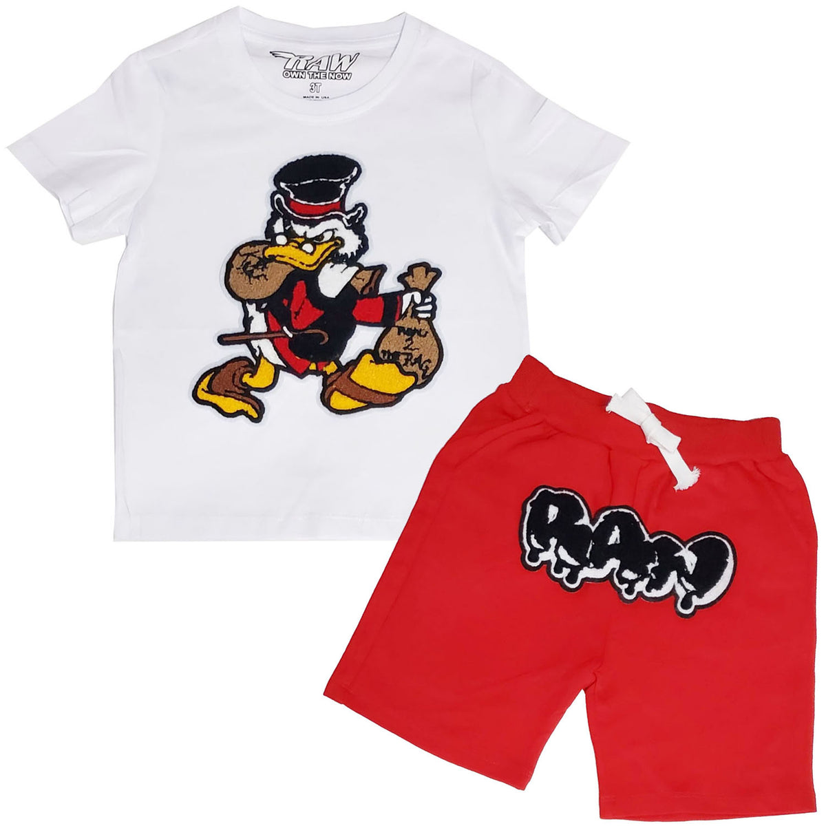 Kids Secure The Bag Chenille Crew Neck and RAW Drip Black Chenille Cotton Shorts Set - Rawyalty Clothing