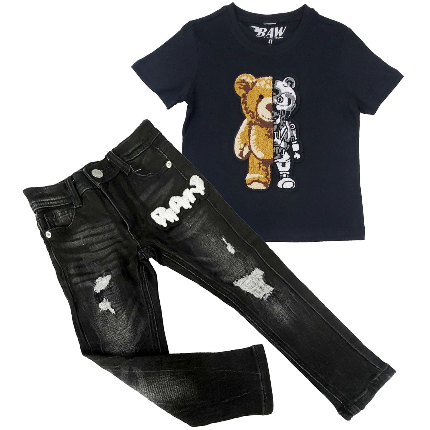 KIds Teddy Robot Chenille Crew Neck and RAW Drip White Chenille Denim Jeans Set - Rawyalty Clothing