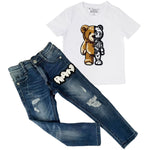 KIds Teddy Robot Chenille Crew Neck and RAW Drip White Chenille Denim Jeans Set - Rawyalty Clothing