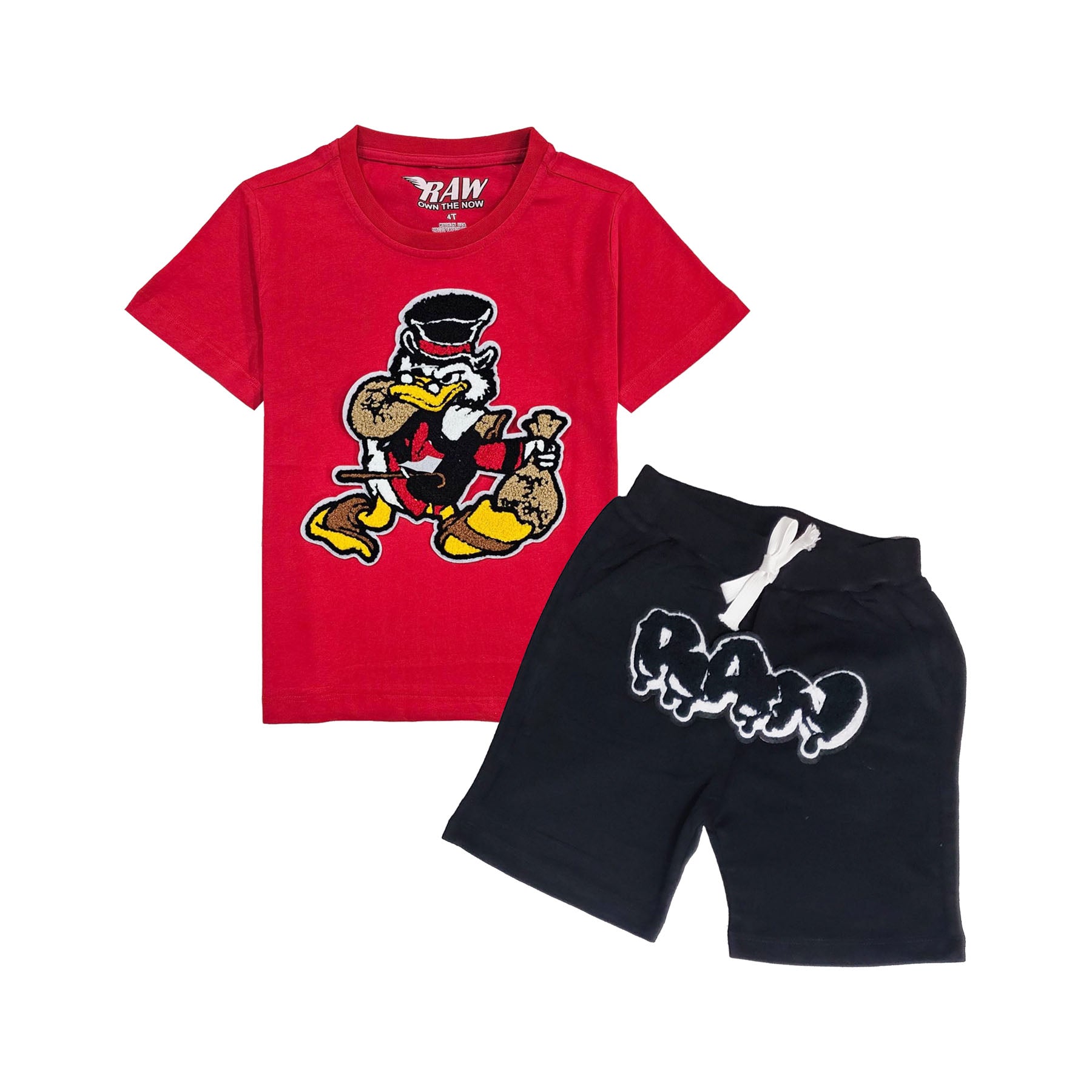 Kids Secure The Bag Chenille Crew Neck and RAW Drip Black Chenille Cotton Shorts Set - Rawyalty Clothing