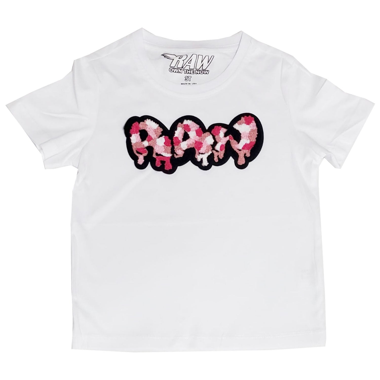 Kids RAW Drip Camo Pink Chenille Crew Neck T-Shirt - Rawyalty Clothing