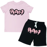 Kids RAW Drip Pink Chenille Crew Neck and Cotton Shorts Set - Pink Tees / Black Shorts - Rawyalty Clothing