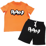 Kids RAW Drip White Chenille Crew Neck and Cotton Shorts Set - Orange Tees / Black Shorts - Rawyalty Clothing