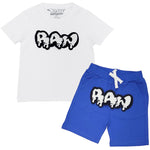 Kids RAW Drip White Chenille Crew Neck and Cotton Shorts Set - White Tees / Royal Shorts - Rawyalty Clothing
