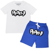 Kids RAW Drip White Chenille Crew Neck and Cotton Shorts Set - White Tees / Royal Shorts - Rawyalty Clothing