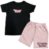 Kids RAW Wing Pink Chenille Crew Neck and Cotton Shorts Set - Black Tees / Pink Shorts - Rawyalty Clothing