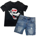 Kids Survive Chenille Crew Neck and RKDS001 Denim Shorts Set - Black Tees / Light Blue Shorts - Rawyalty Clothing