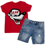 Kids Survive Chenille Crew Neck and RKDS001 Denim Shorts Set - Red Tees / Light Blue Shorts - Rawyalty Clothing