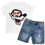 Kids Survive Chenille Crew Neck and RKDS001 Denim Shorts Set - White Tees / Light Blue Shorts - Rawyalty Clothing