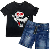 Kids Survive Chenille Crew Neck and RKDS002 Denim Shorts Set - Black Tees / Dark Blue Shorts - Rawyalty Clothing