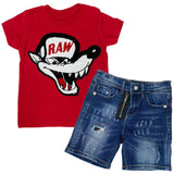 Kids Survive Chenille Crew Neck and RKDS002 Denim Shorts Set - Red Tees / Dark Blue Shorts - Rawyalty Clothing