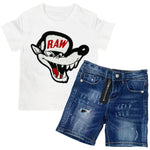 Kids Survive Chenille Crew Neck and RKDS002 Denim Shorts Set - White Tees / Dark Blue Shorts - Rawyalty Clothing