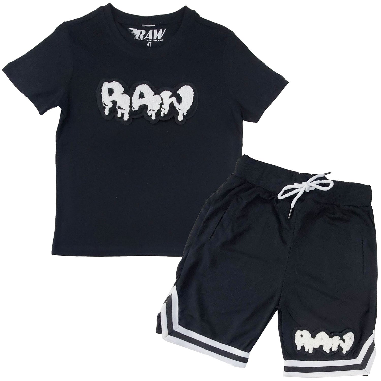 Kids RAW Drip White Chenille Crew Neck T-Shirts and Mesh Shorts Set - Rawyalty Clothing