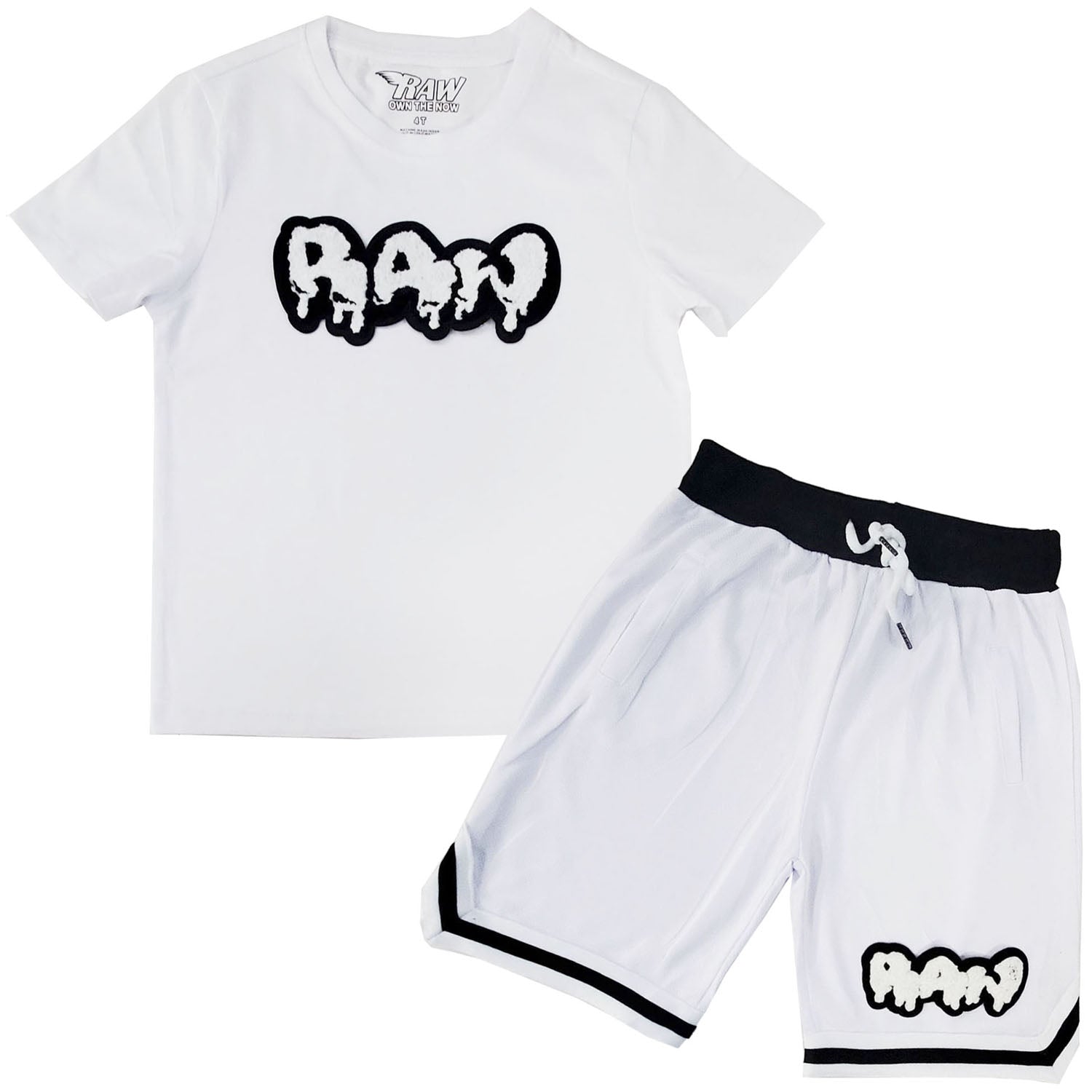 Kids RAW Drip White Chenille Crew Neck T-Shirts and Mesh Shorts Set - Rawyalty Clothing