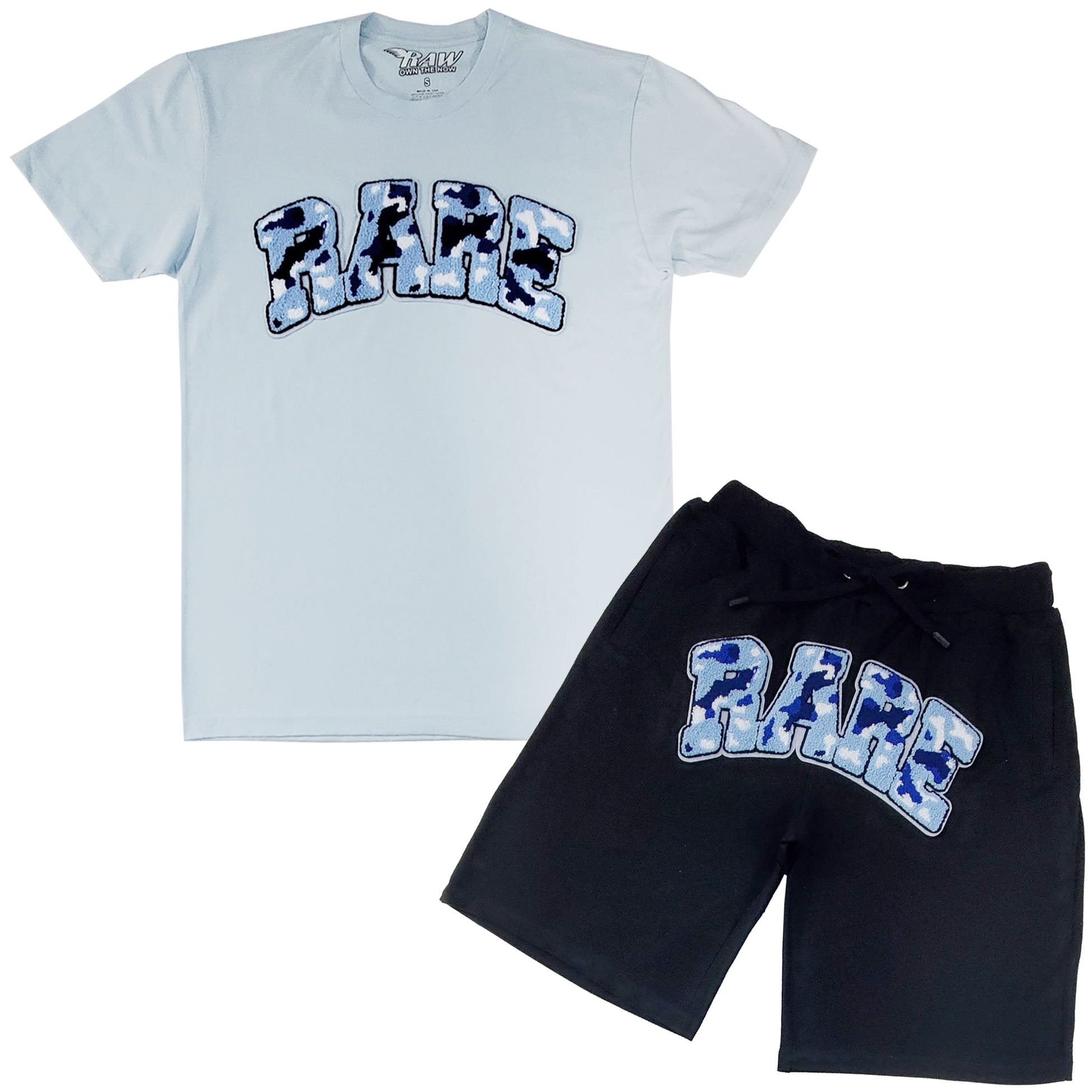 Men RARE Camo Blue Chenille Crew Neck and Cotton Shorts Set - Rawyalty Clothing