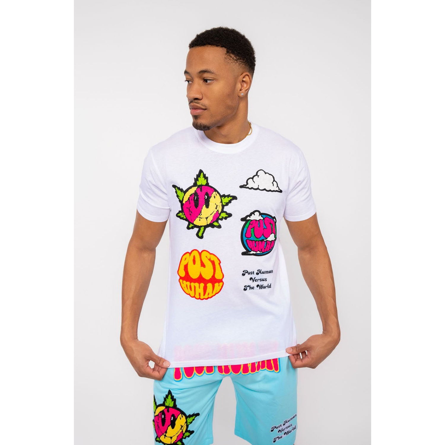 Men Post Human Vs The World Chenille Crew Neck T-Shirts - Rawyalty Clothing