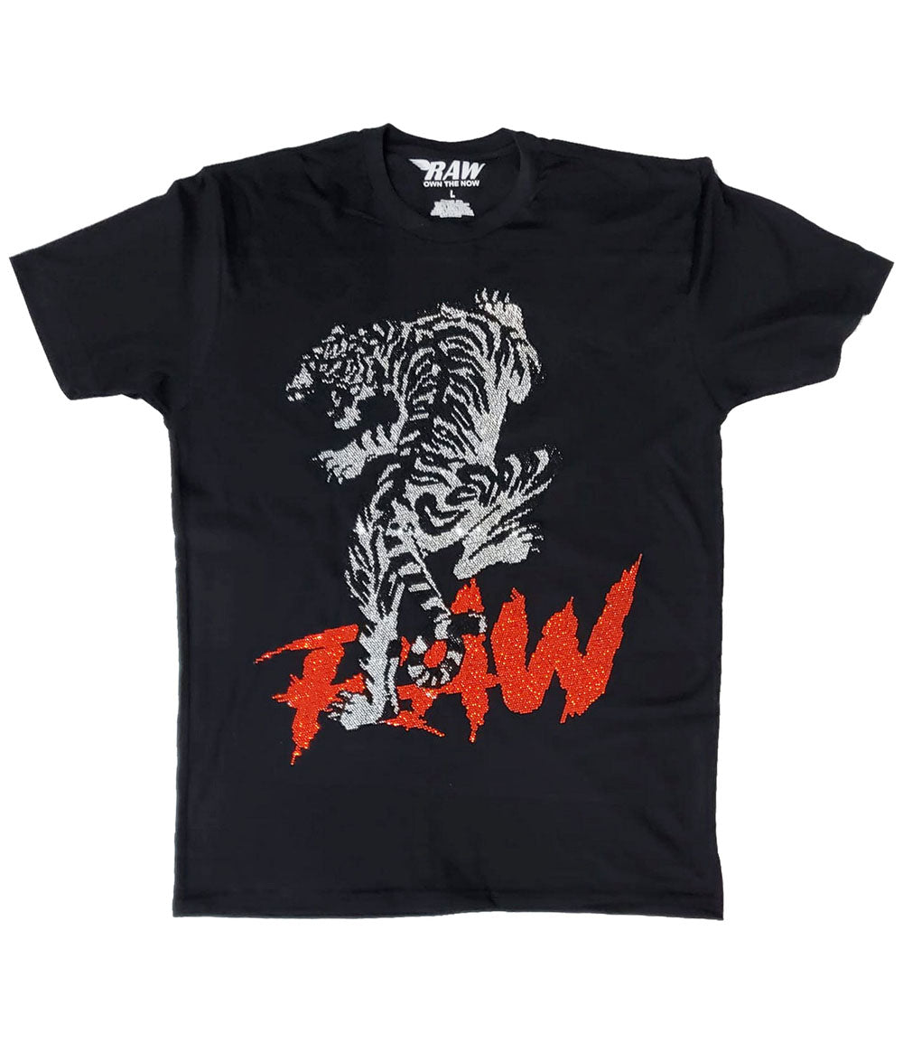 Men Tiger Cursive RAW Red Bling Crew Neck T-Shirt - Rawyalty Clothing