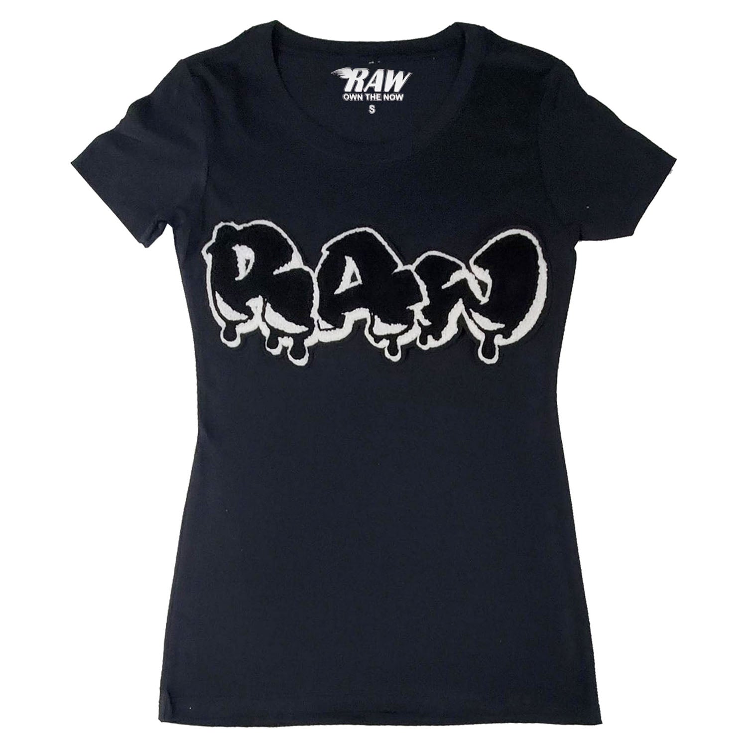 Women RAW Drip Black Chenille Crew Neck T-Shirts - Rawyalty Clothing