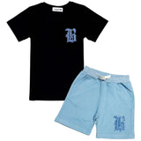 Kids Black Label Light Blue Bling Crew Neck T-Shirt and Cotton Shorts Set