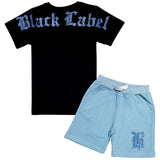Kids Black Label Light Blue Bling Crew Neck T-Shirt and Cotton Shorts Set