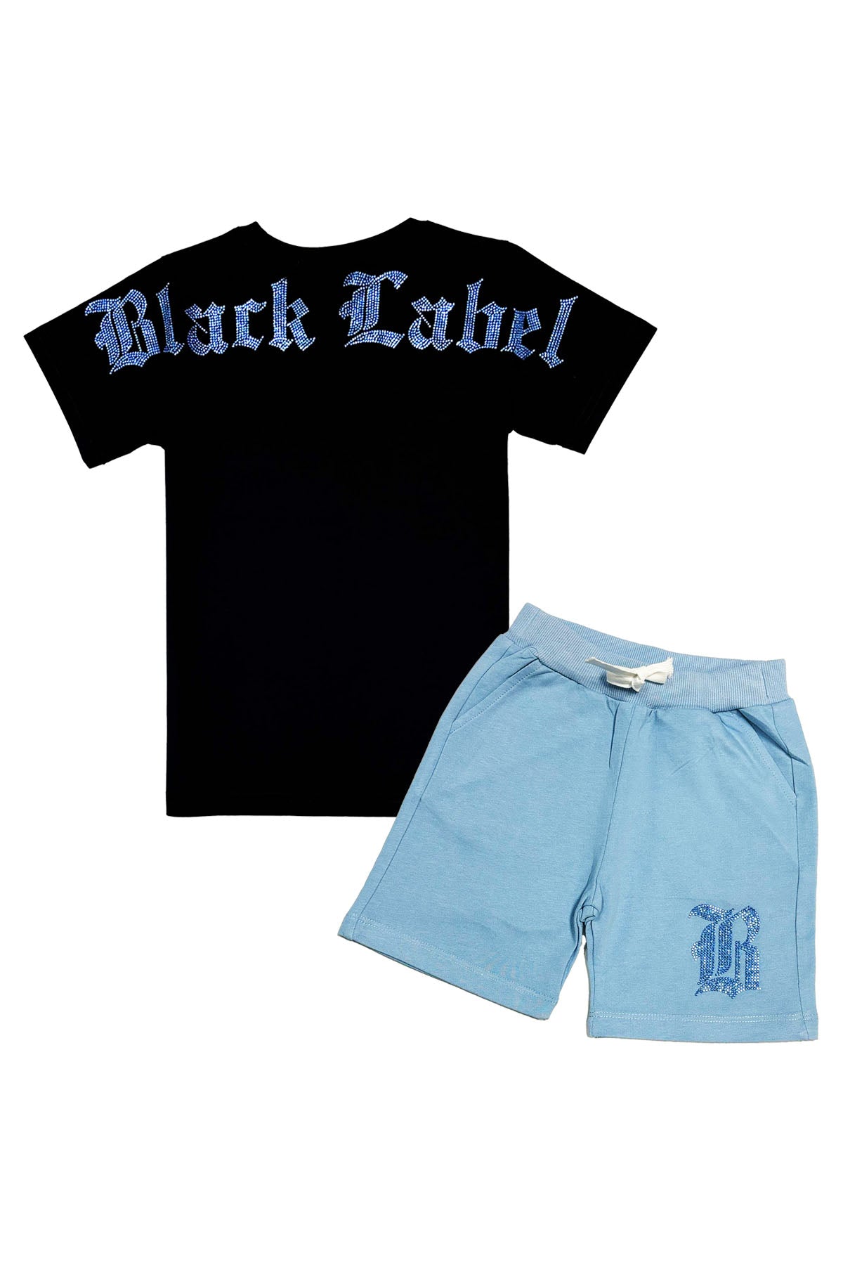Kids Black Label Light Blue Bling Crew Neck T-Shirt and Cotton Shorts Set