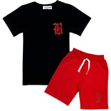 Kids Black Label Red Bling Crew Neck T-Shirt and Cotton Shorts Set