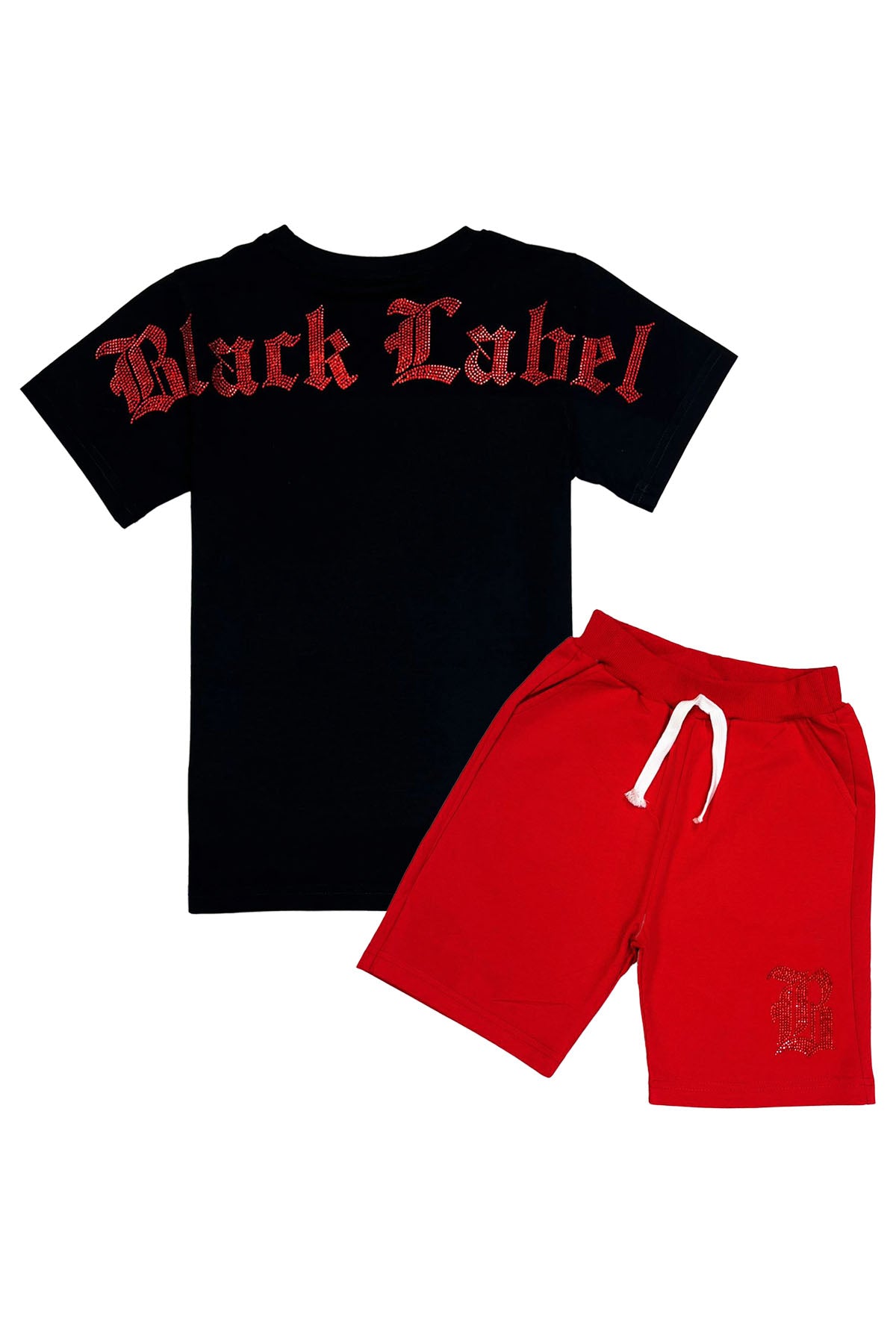 Kids Black Label Red Bling Crew Neck T-Shirt and Cotton Shorts Set