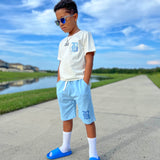Kids Black Label Light Blue Bling Crew Neck T-Shirt and Cotton Shorts Set